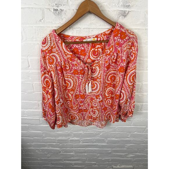 C&C California Women's Swirl Floral Beachy Blouse Balloon Sleeve Orange Size XL - Picture 1 of 5